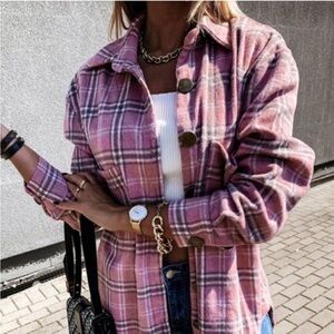 New Plaid Stripe Pink Flannel Shirt Jacket Shacket